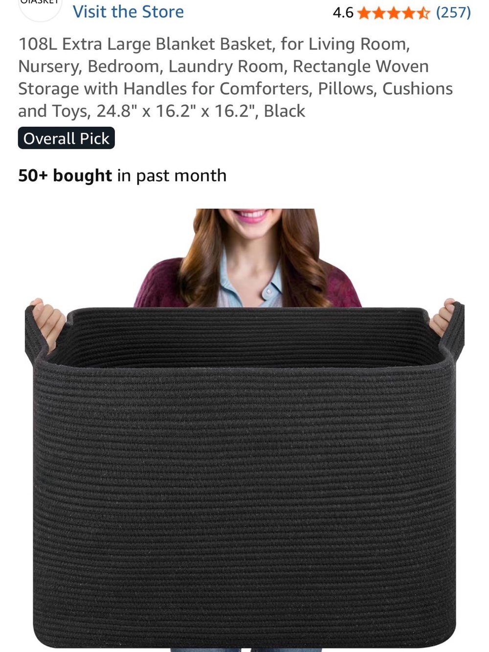 X-Large Black Woven Storage Basket with Handles - Home Organization